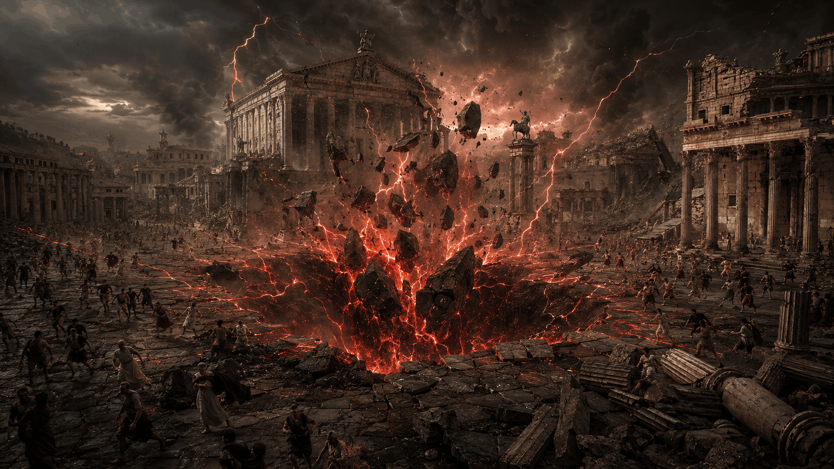 The Roman Forum during the First Great Breach, shaken by a glowing fissure and red lightning