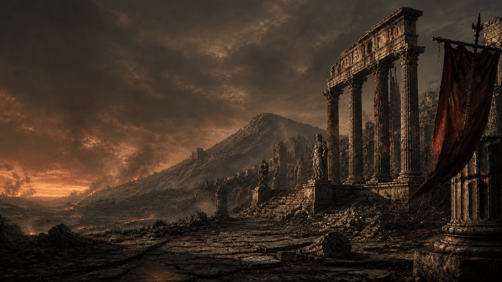 A shattered Roman enclave beneath an ember-lit sky