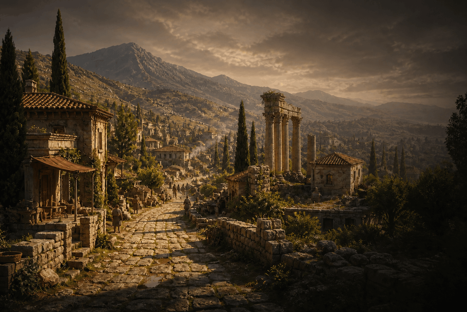 Ancient settlement in a sunlit mountain valley