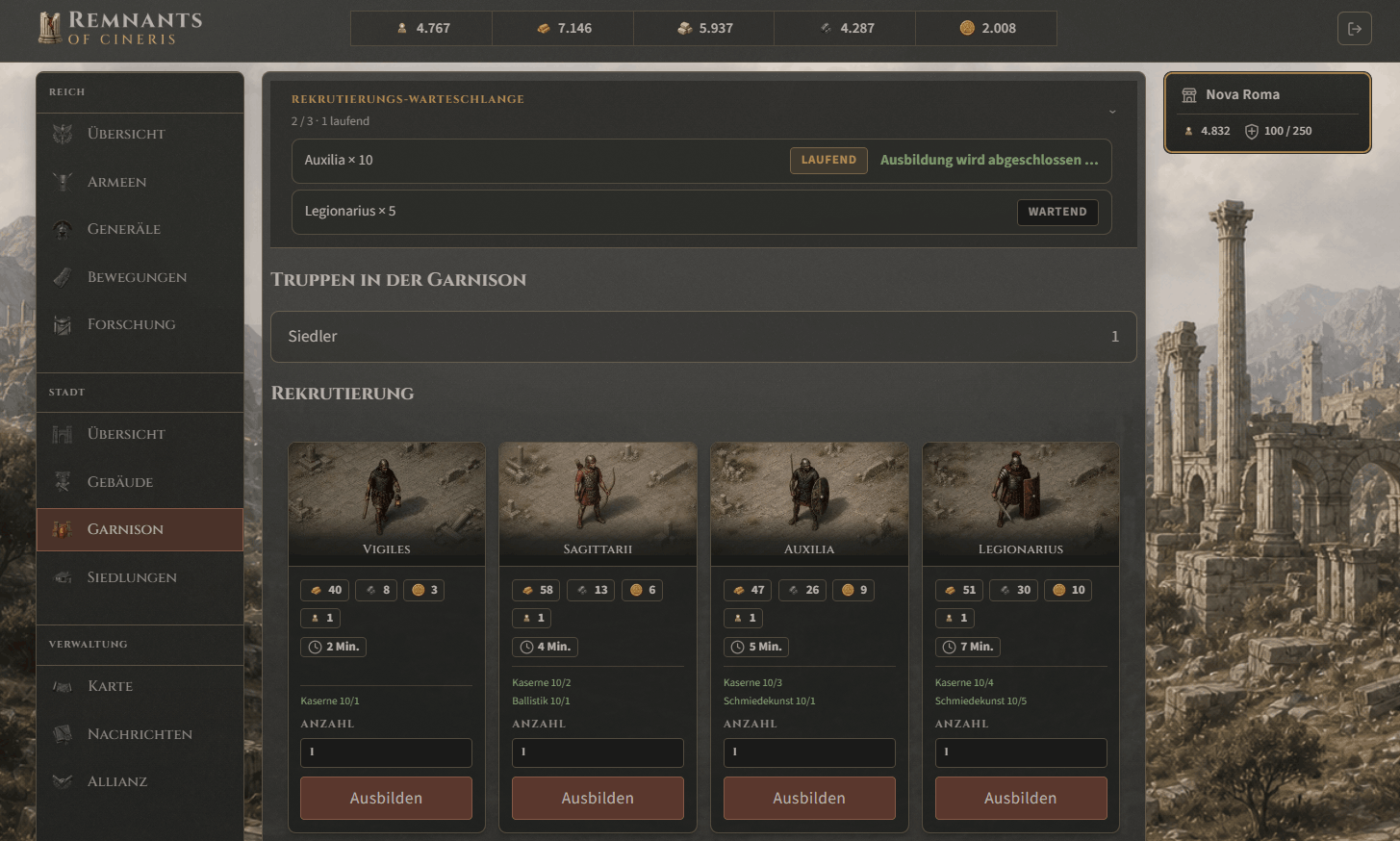 Garrison view with a recruitment queue and different troop types